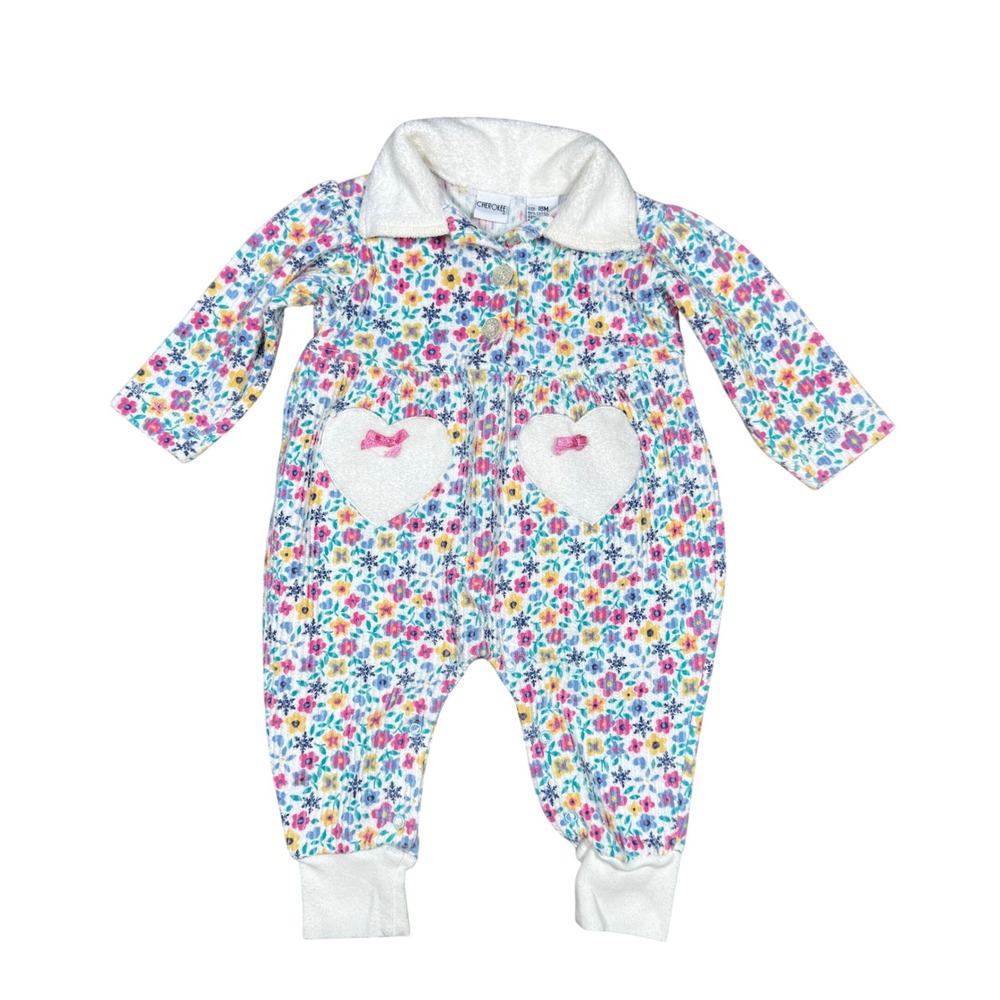 Vintage 90's Cherokee Baby‎ Floral Heart Pocket Romper 18M